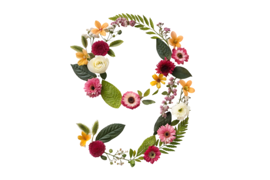 Number 9 made of real natural flowers and leaves creative nature inspired decoration - Powered by Adobe