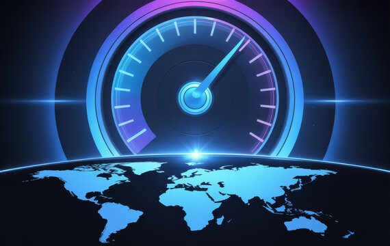 Global speed indicator glowing above a stylized world map symbolizing fast connectivity and reach.