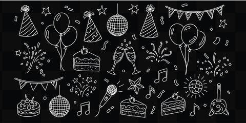 Hand drawn party elements including balloons cake disco ball and confetti on a black background