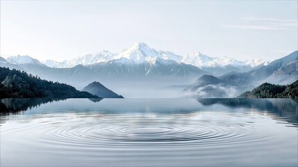 A tranquil lake reflects snow-capped mountains and misty hills under a clear sky, with concentric ripples spreading across the water's surface.