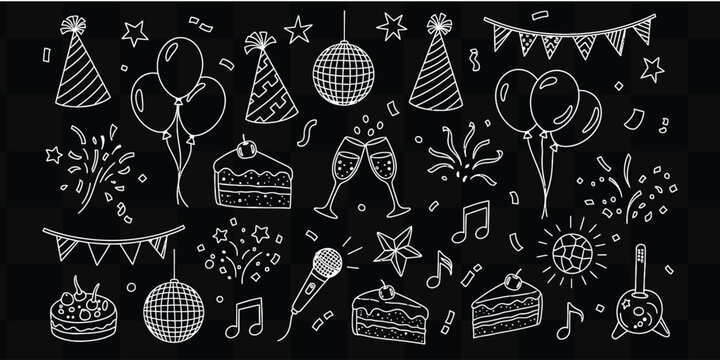Hand drawn party elements including balloons cake disco ball and confetti on a black background - Powered by Adobe