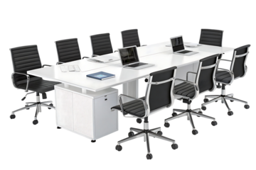 Office conference desk with eight black rolling setup for corporate briefing