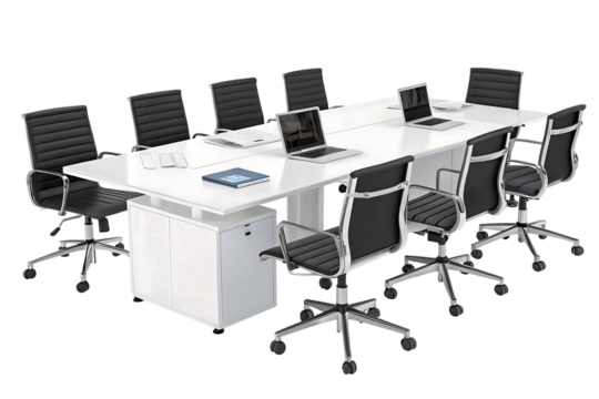 Office conference desk with eight black rolling setup for corporate briefing