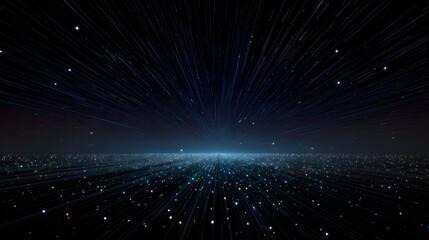 A dynamic abstract visualization of glowing lines and particles receding into a dark cosmic expanse