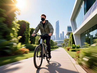 A young man wearing a protective mask rides an electric bicycle.