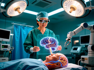 Surgeon in operating room using augmented reality glasses to view a brain hologram.