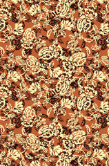 Abstract solid vector textile design, arrangement with small white silhouette flower and background, all-over seamless pattern with orange and cream tone color illustration