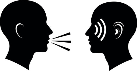 Communication concept, two human heads silhouette, speaking and listening, voice sound waves, dialogue icon, vector illustration, active hearing, isolated.