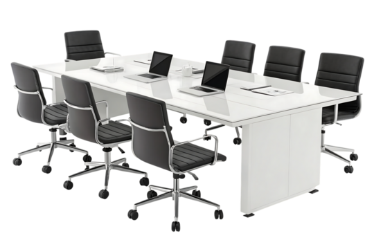 Office conference desk with eight black rolling ready for team discussion