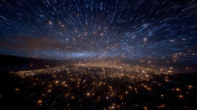 A dynamic futuristic vista where luminous star trails streak across a dark sky above a brilliantly lit landscape - Powered by Adobe