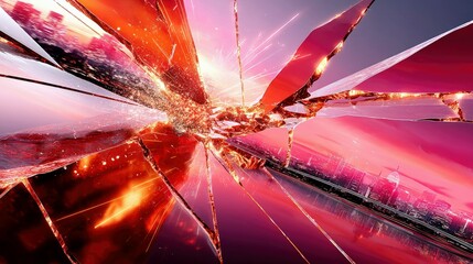 A dramatic explosion of shattered glass fragments, reflecting a colorful city skyline bathed in sunset light.