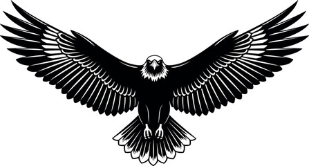 Obraz premium Flying bald eagle, front view silhouette, spread wings vector, American national bird symbol, black and white raptor illustration, isolated.