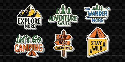 Assorted camping stickers featuring mountains trees tents and inspirational adventure quotes