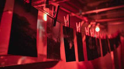 photos hanging in darkroom for development