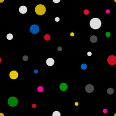  Seamless pattern, colorful polka dots of different sizes on a black background. Print for textiles and paper.