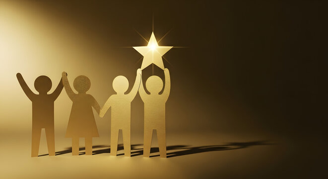 Successful Teamwork Concepts. Paper Cut as Group of Worker Raise Up a Star Together. Business Strategy. Working to Committed and Towards a Shared Goal. Colleagues or Partnership Celebrating a Success