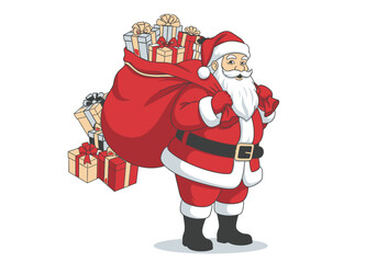 Cheerful cartoon Santa Claus in a red suit carrying a large sack overflowing with gift boxes.