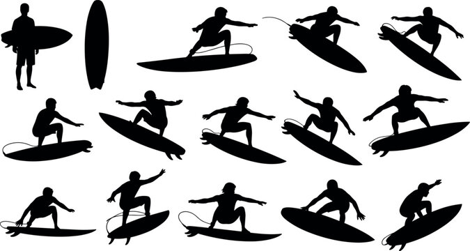 Surfing silhouettes set, surfer riding waves, man with surfboard, water sport action poses, black vector collection, isolated.