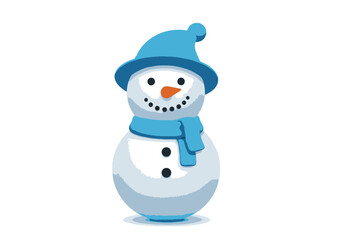 Cheerful cartoon snowman with blue hat and scarf.
