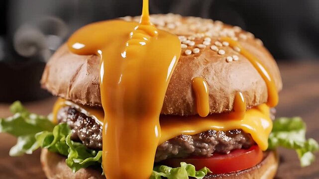 Close-up of golden liquid cheese sauce generously dripping over a delicious juicy gourmet cheeseburger with a beef patty fresh lettuce and ripe tomato a perfect