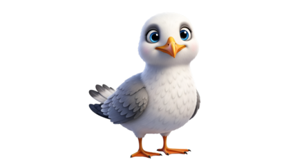 Adorable cartoon seagull with big blue eyes and playful expression, perfect for children's books, animated projects, and cheerful designs