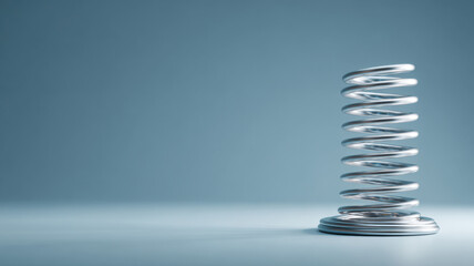 A close-up shot of a chrome metal spring standing upright, against a smooth blue surface, symbolizing resilience. The spring has a cylindrical shape and is made of steel.