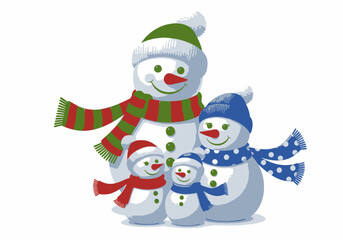 Cheerful Family of Snowmen Wearing Festive Winter Hats and Scarves.