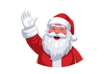 Cheerful Santa Claus Waving Hand Red Suit White Beard Smiling.