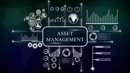 Asset management infographic with global network and financial icons. Business, technology, modern technology concept. - Powered by Adobe