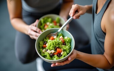 Top view Asian man and woman healthy eating salad after exercise at fitness gym. Two athlete eating salad for health together. Selective focus on salad bowl on hand. High quality