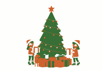 Christmas Tree with Star Lights Gifts and Two Children in Santa Hats.