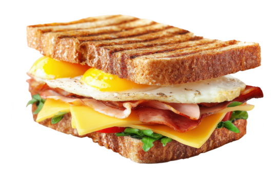 A delicious grilled breakfast sandwich filled with crispy bacon, a fried egg, cheese, and fresh vegetables
