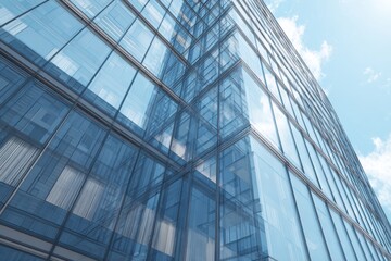 Modern office building with a transparent glass fa&Atilde;&sect;ade showcasing sleek design and bright sky reflecting off the surface