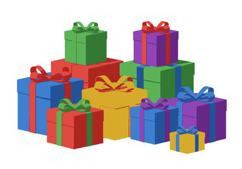 Colorful Stack of Wrapped Gift Boxes with Ribbons Isometric View.