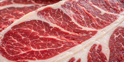 Close-up of marbled beef cuts reveals rich red and white patterns, showcasing the quality and texture of the meat. Ideal for cooking and grilling enthusiasts seeking premium ingredients