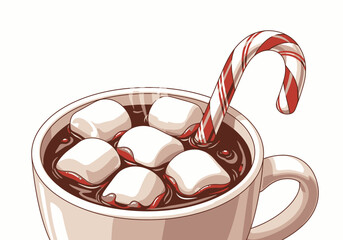 Delicious Hot Chocolate with Marshmallows and Candy Cane Festive Drink.