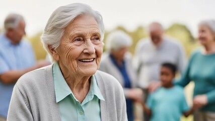 Smiling elderly woman with gray hair and walking cane standing in front of a group of diverse adults and children in a park during a sunny day, exuding warmth and joy. - Powered by Adobe