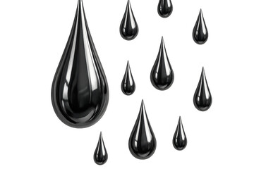 Oil drops falling, crude petroleum liquid fuel droplets representing energy industry and global economy on transparent background
