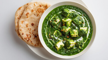 spinach curry with paneer served with chapati, palak paneer gravy 