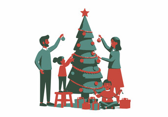 Family Decorating a Christmas Tree with Ornaments and Lights.
