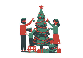 Family Decorating Christmas Tree with Ornaments and Gifts Festive Holiday Scene.
