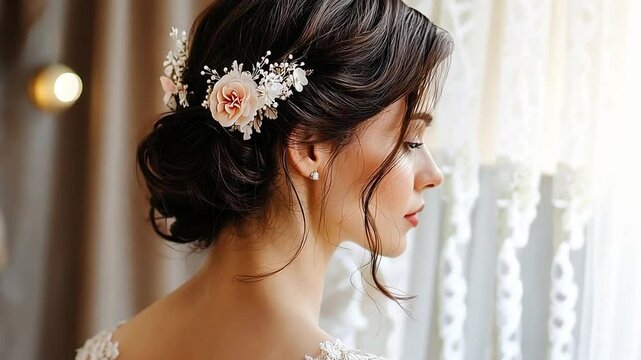 Elegant bride with a beautiful floral hairstyle on her wedding day. Close-up side profile portrait of a woman in a lace dress. Wedding preparation and bridal beauty concept