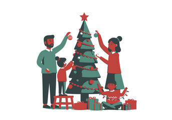 Family Decorating Christmas Tree with Ornaments and Lights.