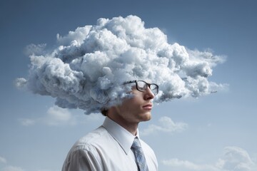 Businessman in an office setting reflecting on cloud computing and data storage while surrounded by digital cloud imagery during a clear day