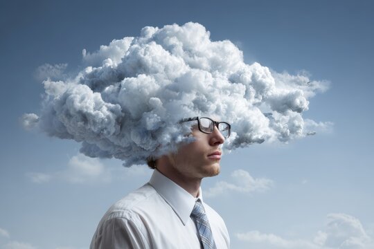 Businessman in an office setting reflecting on cloud computing and data storage while surrounded by digital cloud imagery during a clear day - Powered by Adobe