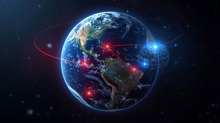Global digital communication network connecting continents with data lines and satellite.