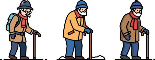 Three elderly men walking with canes in winter clothing on a dark background, showcasing different poses and styles of mobility, emphasizing age and resilience in outdoor activities.