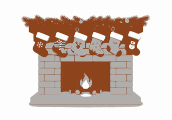 Festive Christmas Fireplace with Hanging Stockings and Evergreen Garland.