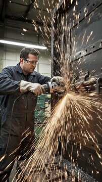 Industrial Worker Grinding Metal Sparks Fly in Workshop