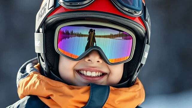 Close-up portrait of a happy young boy smiling in ski gear. A child wearing a helmet and mirrored goggles reflects a snowy mountain scene. Winter sports vacation and childhood joy concept